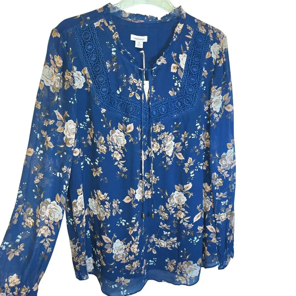 Sundance Highland Garden Silk Tunic Blouse Floral Sz XL Blue Pullover Sheer $138 - Picture 2 of 16